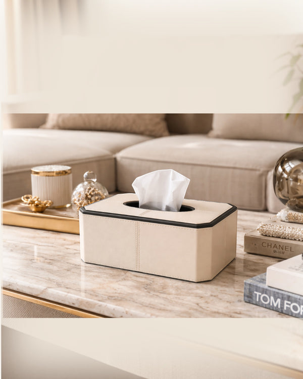 Kra Design Celeste Luxury Leather Tissue Box in cream with black trim, featuring minimalist stitching and durable, water-repellent finish.