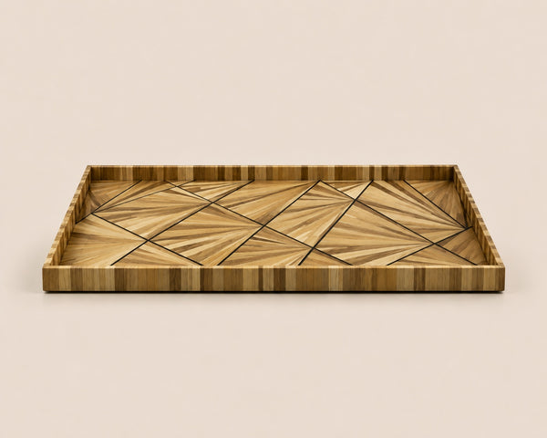 Kra Design Geometric straw inlay decorative serving tray with sunburst pattern. Natural wood to