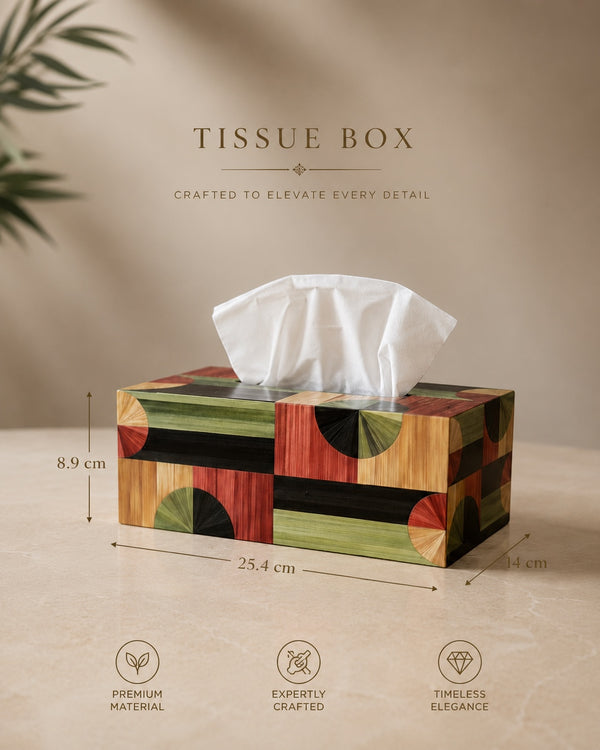 Kra Design decorative geometric tissue box holder with wood tones, green, and red patterns. Rectangular shape.