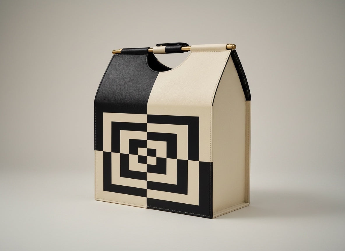 Kra Design luxury handcrafted leather lunch basket in cream and black with geometric pattern and gold hardware.