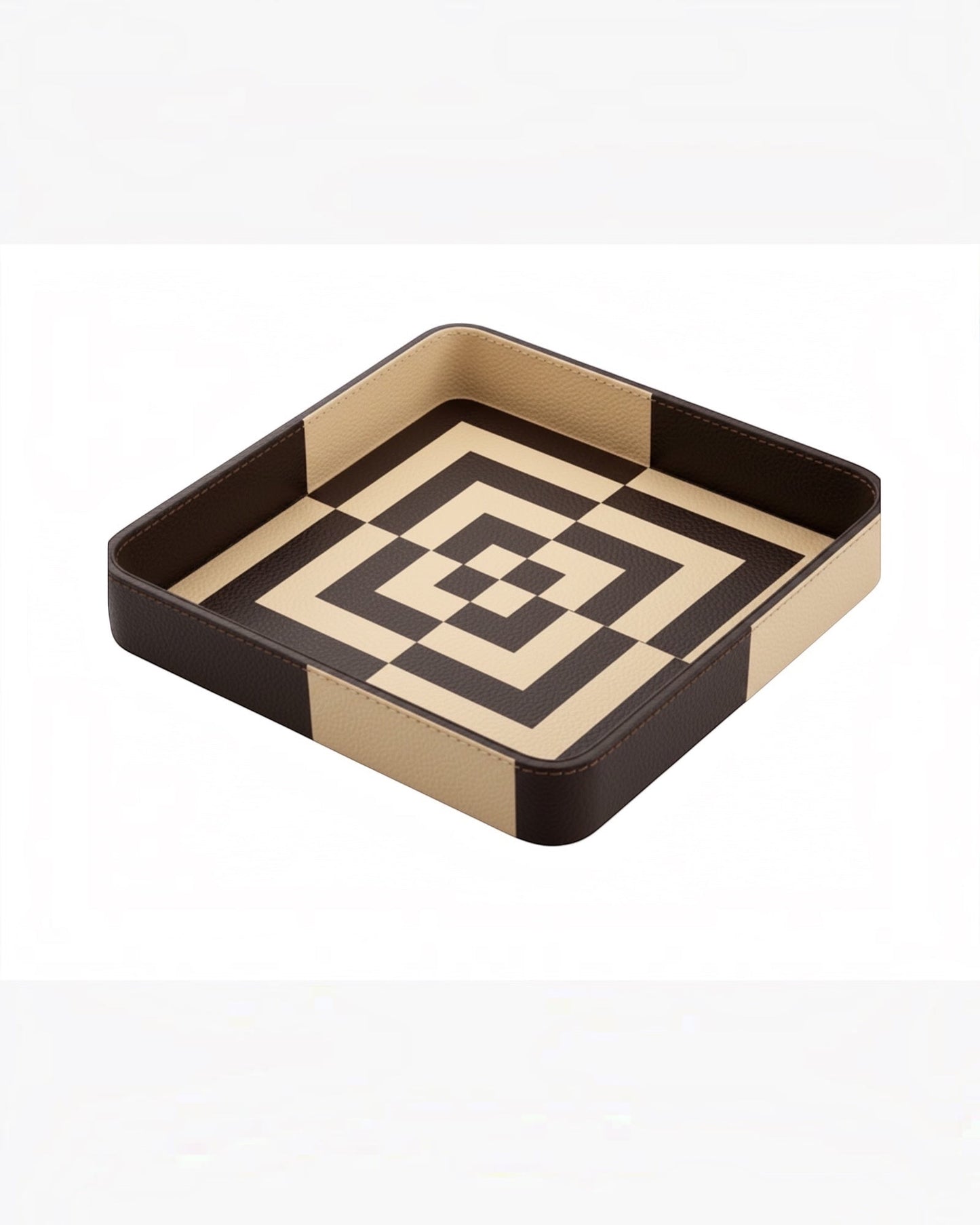 Kra Design Luxury Leather Vanity Tray with geometric pattern in brown and beige, perfect for organizing accessories.