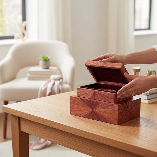 Kra Design luxury handcrafted jewelry box in straw marquetry with a sunburst pattern, opening to reveal a burgundy ultra suede interior.