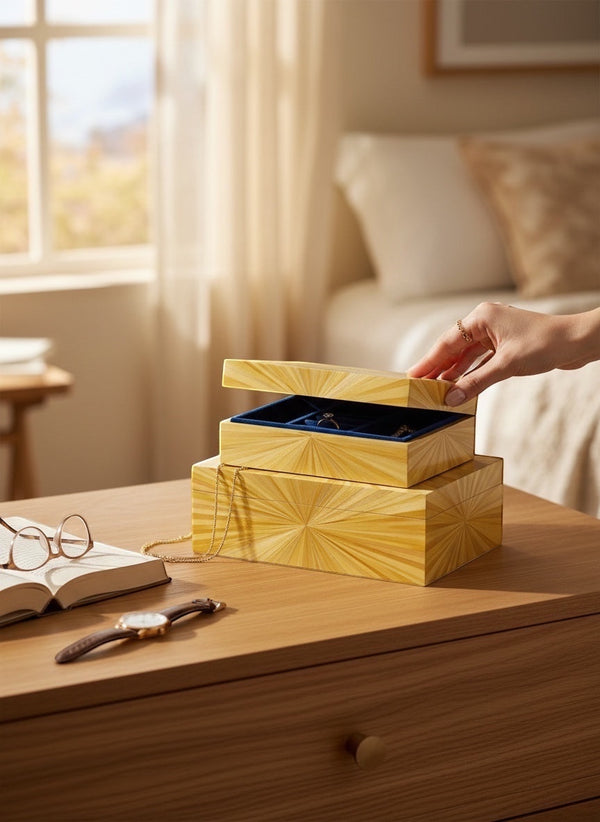 Kra Design decorative wooden jewelry box set with sunburst veneer and blue velvet lining, nesting design.
