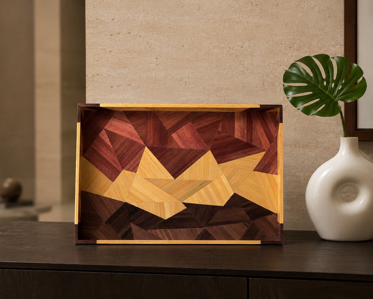 Kra Design geometric straw inlay decorative tray with wood grains in warm earthy tones. Perfect for serving or display.