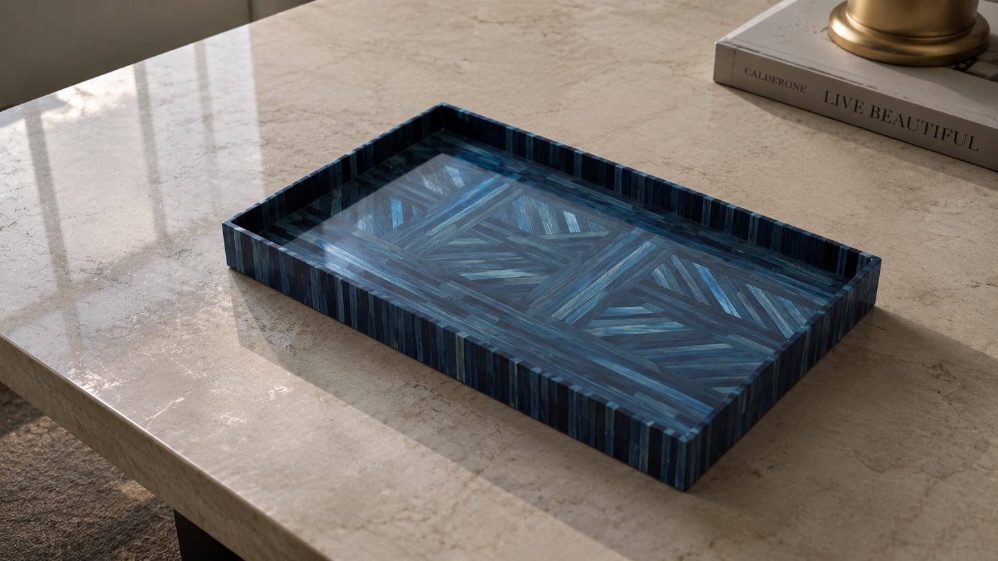 Straw Marquetry Indigo Tray