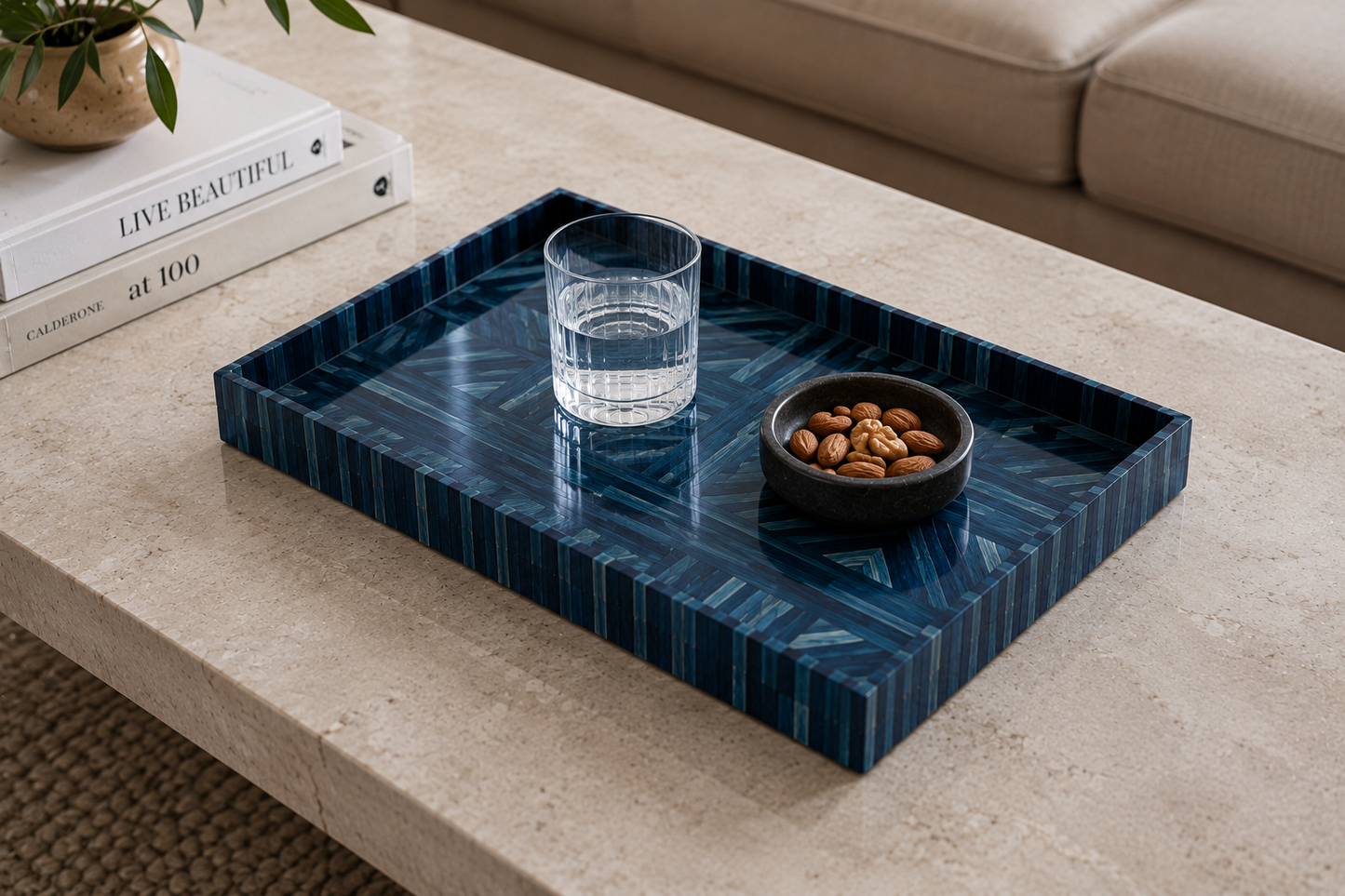 Straw Marquetry Indigo Tray
