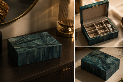Straw Marquetry Indigo Jewellery Box