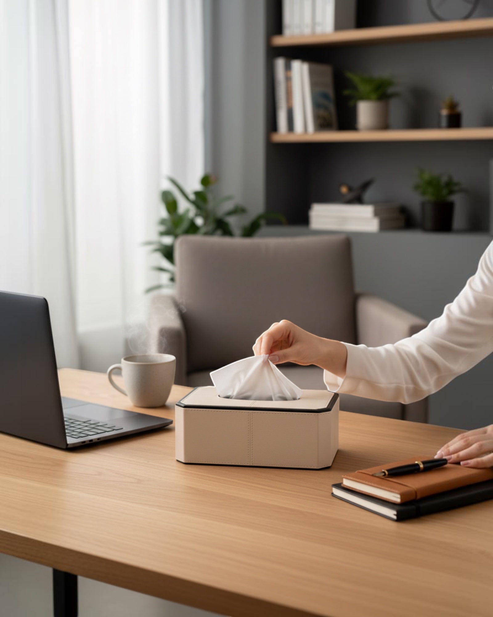 Kra Design Celeste luxury beige leather tissue box with black trim, on a wooden desk with a laptop and coffee mug.