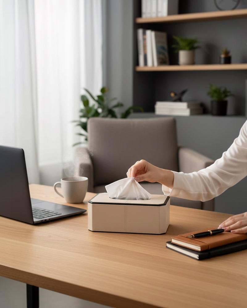 Kra Design Celeste luxury beige leather tissue box with black trim, on a wooden desk with a laptop and coffee mug.