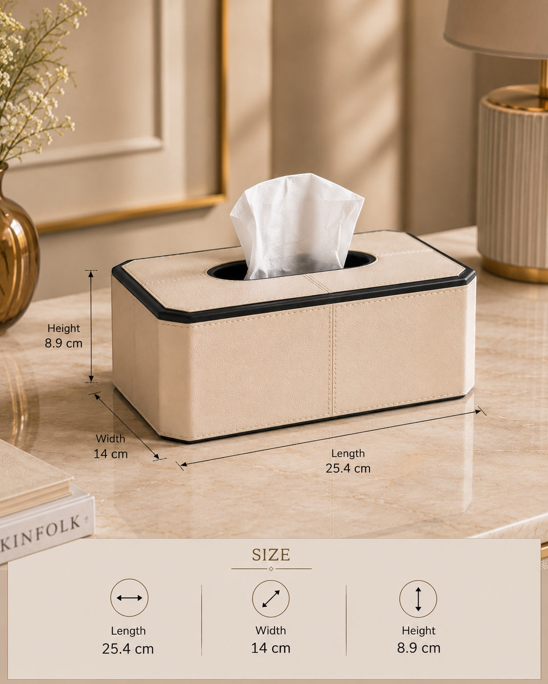 Kra Design Celeste Luxury Leather Tissue Box in beige with black trim and stitching. Rectangular shape with minimalist styling.