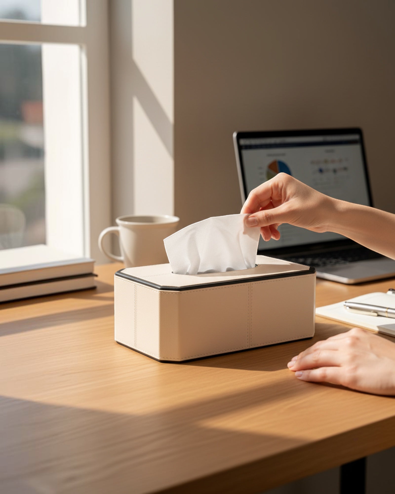Kra Design cream faux leather rectangular tissue box cover with black trim and stitching, on a wooden desk.