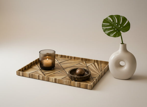 swood inlay serving tray with a candle and decorative bowl. Natural wood tones.