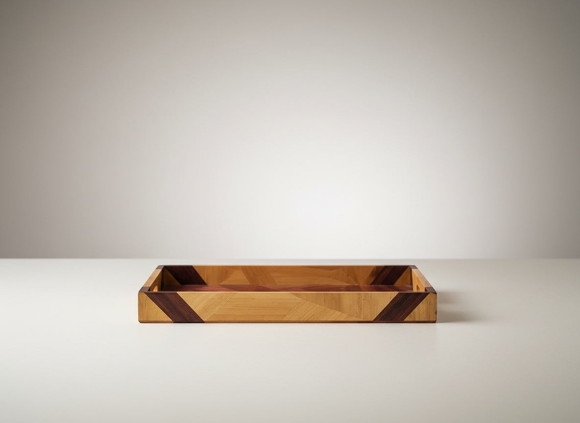 Kra Design geometric straw inlay decorative tray with wood grains in warm earthy tones. Rectangular serving tray.