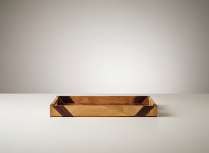 Kra Design geometric straw inlay decorative tray with wood grains in warm earthy tones. Rectangular serving tray.
