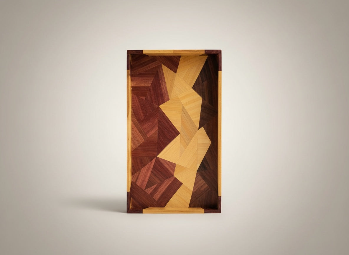 Kra Design geometric straw inlay decorative tray with wood grains in warm earthy tones. Perfect for serving or display.
