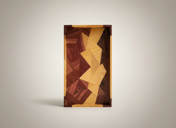 Kra Design geometric straw inlay decorative tray with wood grains in warm earthy tones. Perfect for serving or display.