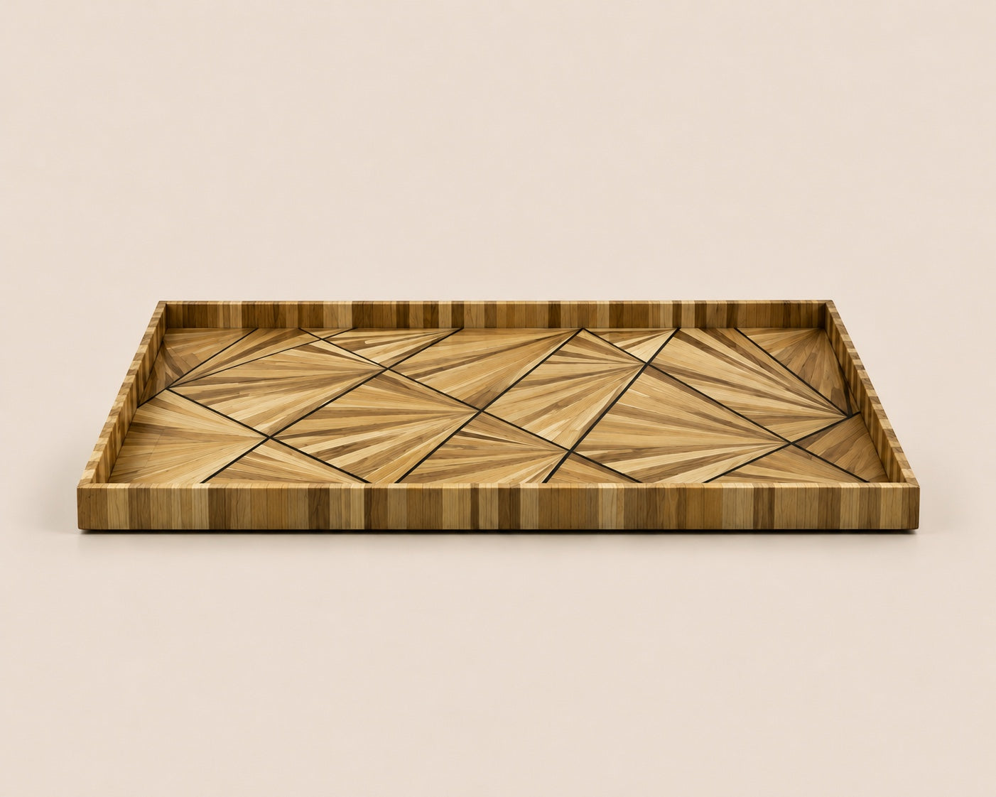 Kra Design Geometric straw inlay decorative serving tray with sunburst pattern. Natural wood to