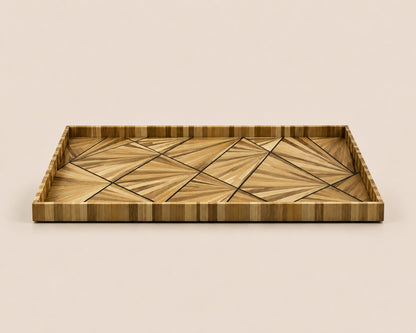 Kra Design Geometric straw inlay decorative serving tray with sunburst pattern. Natural wood to