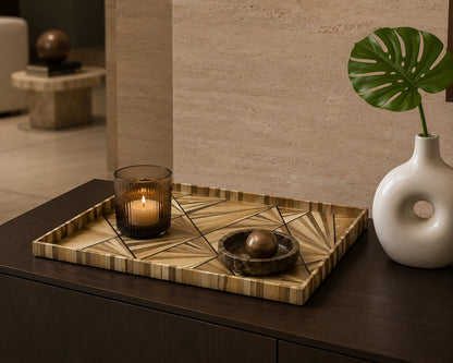 Kra Design Geometric s serving tray with candle and decorative bowl on dark wood surface.