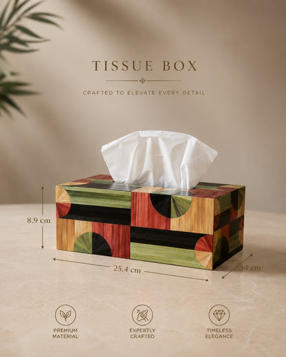 Kra Design decorative geometric tissue box holder with wood tones, green, and red patterns. Rectangular shape.
