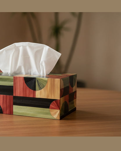 Kra Design decorative geometric tissue box holder with wood tones, green, and red pattern. Modern art accent.