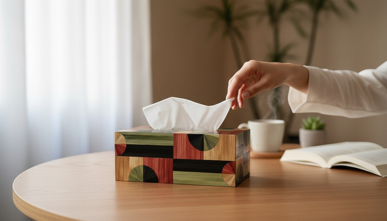 Kra Design decorative geometric tissue box holder with wood tones, green, and red patterns. A hand pulls a tissue.