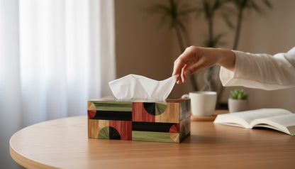Kra Design decorative geometric tissue box holder with wood tones, green, and red patterns. A hand pulls a tissue.