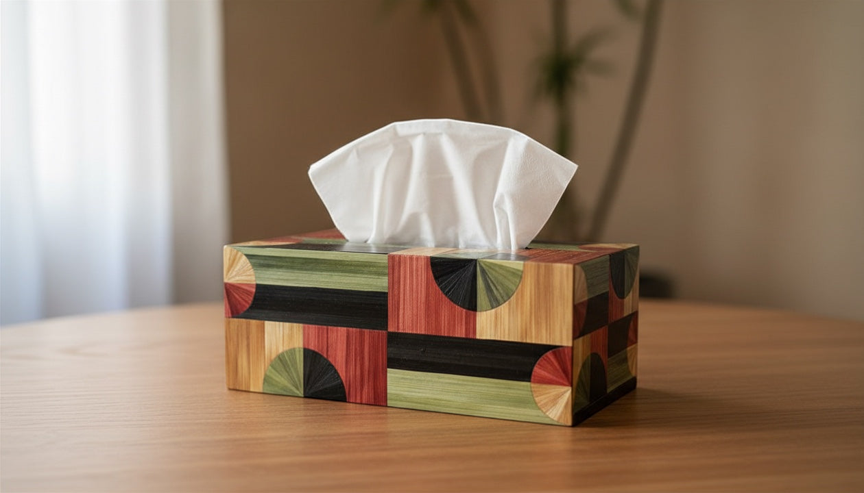 Kra Design decorative geometric tissue box holder with wood, green, red, and black pattern. Rectangular.