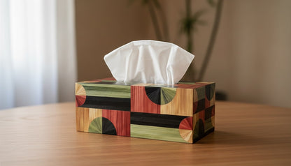 Kra Design decorative geometric tissue box holder with wood, green, red, and black pattern. Rectangular.