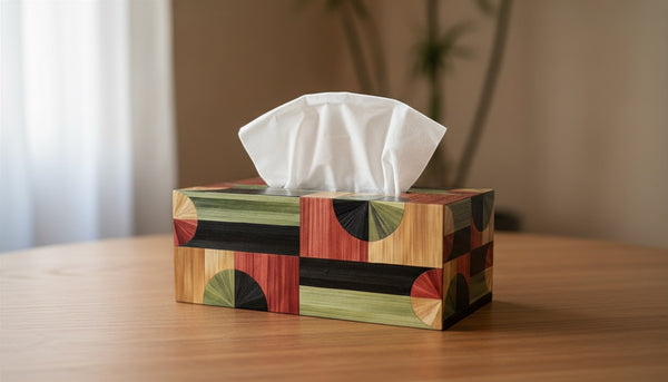 Kra Design decorative geometric tissue box holder with wood, green, red, and black pattern. Rectangular.