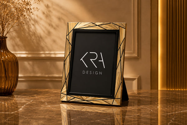 Kra Design Geometric Wood Inlay Picture Frame with black trim, gold wood inlay and geometric pattern.