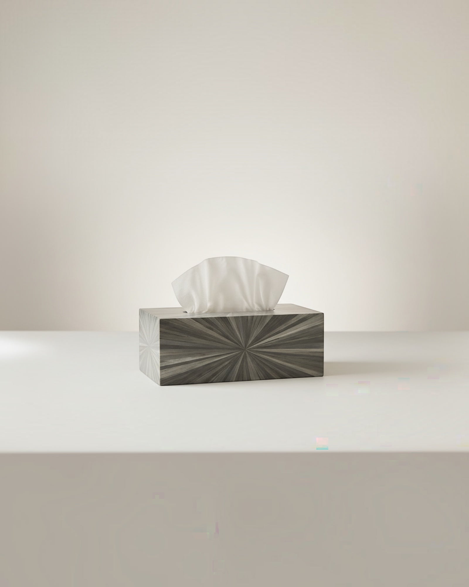 Kra Design luxury grey straw marquetry tissue box cover with sunburst pattern and ultra suede interior.