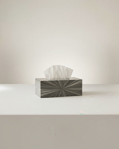 Kra Design luxury grey straw marquetry tissue box cover with sunburst pattern and ultra suede interior.