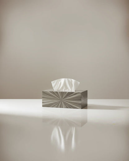 Kra Design luxury grey straw marquetry tissue box cover with sunburst pattern and ultra suede interior.
