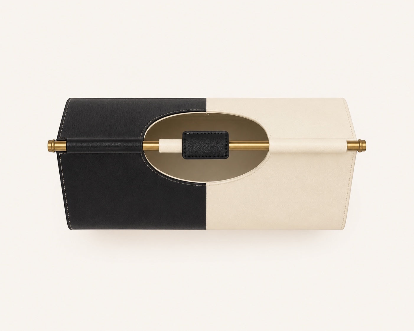 Kra Design luxury handcrafted leather lunch basket in black and cream with brass hardware and handle.