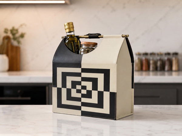 Kra Design luxury leather lunch basket in cream and black geometric pattern. Holds olive oil and spices.