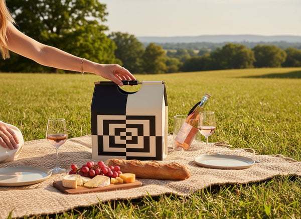 Kra Design luxury leather lunch basket, black and cream with geometric pattern, for picnics and modern living.