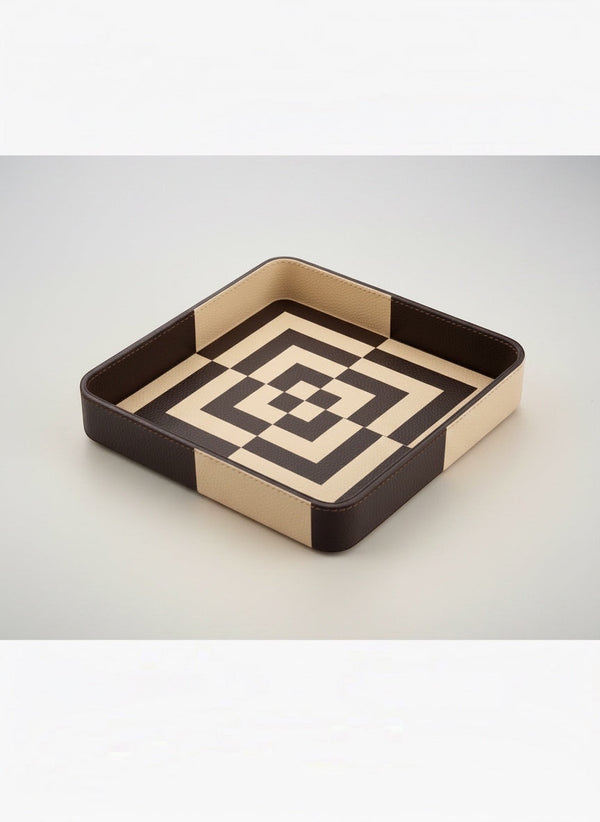Kra Design Monarch luxury leather vanity tray in brown and cream with geometric pattern. Ideal for organizing perfumes and jewelry.