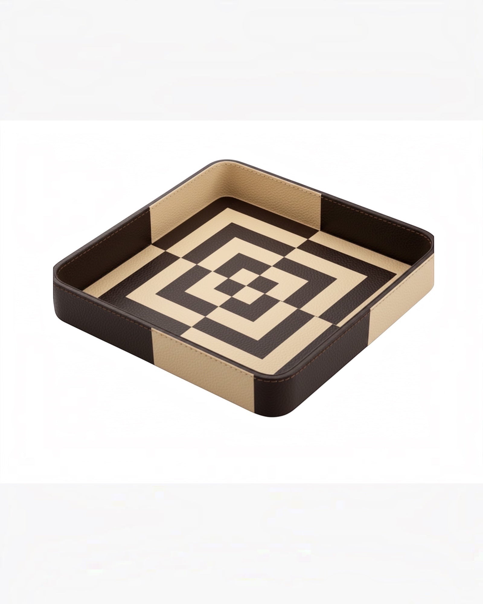 Kra Design Luxury Leather Vanity Tray with geometric pattern in brown and beige, perfect for organizing accessories.