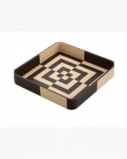 Kra Design Luxury Leather Vanity Tray with geometric pattern in brown and beige, perfect for organizing accessories.