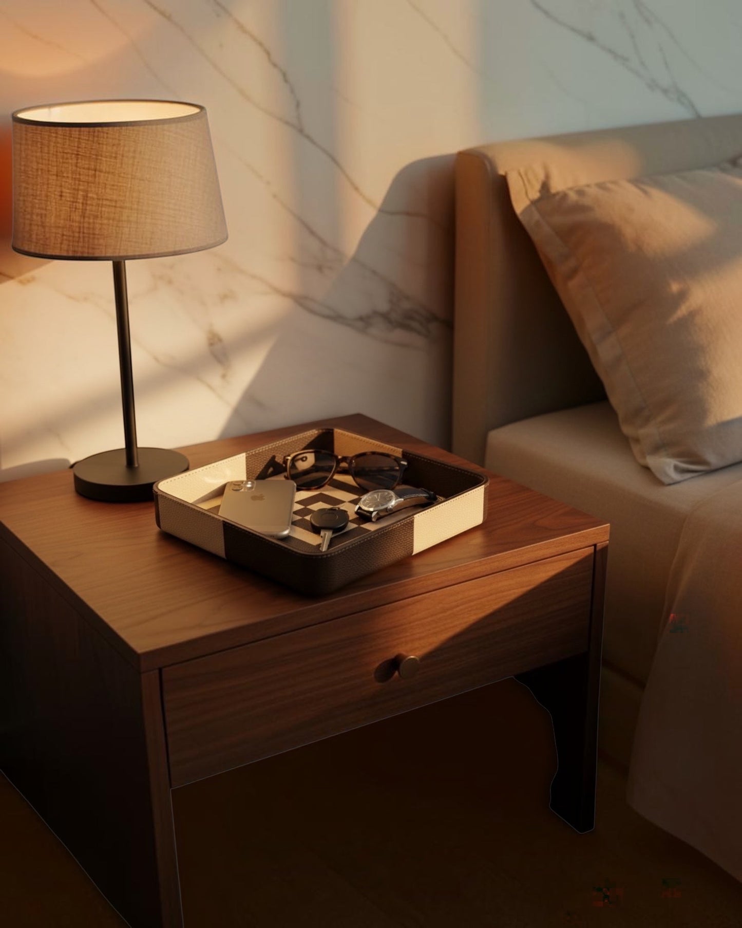 Kra Design Monarch Luxury Leather Vanity Tray with geometric detailing, holding sunglasses, keys, and a watch.