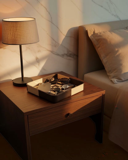 Kra Design Monarch Luxury Leather Vanity Tray with geometric detailing, holding sunglasses, keys, and a watch.