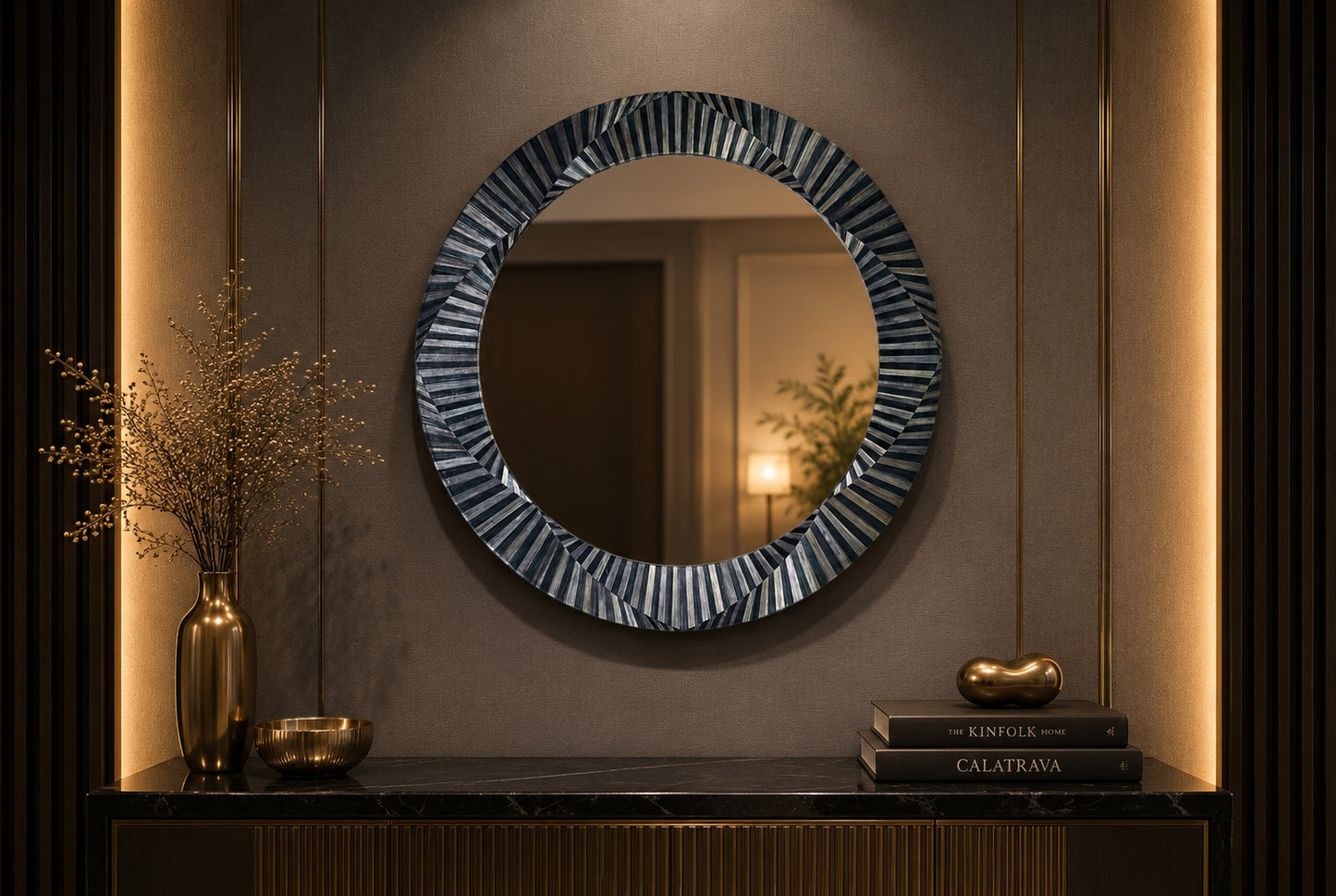 Kra Design round inlay mirror with a decorative geometric frame in dark and light segments. Perfect for entryway or living room.
