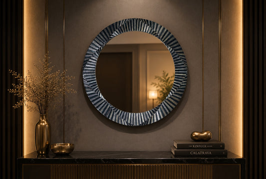 Kra Design round inlay mirror with a decorative geometric frame in dark and light segments. Perfect for entryway or living room.