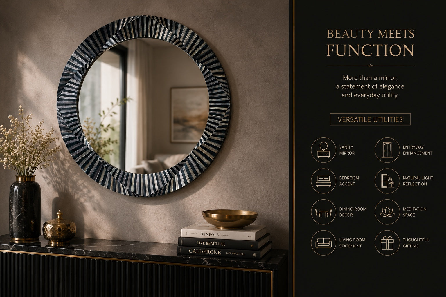 Kra Design round inlay mirror with decorative frame featuring alternating dark and light segments, perfect for entryway or vanity.