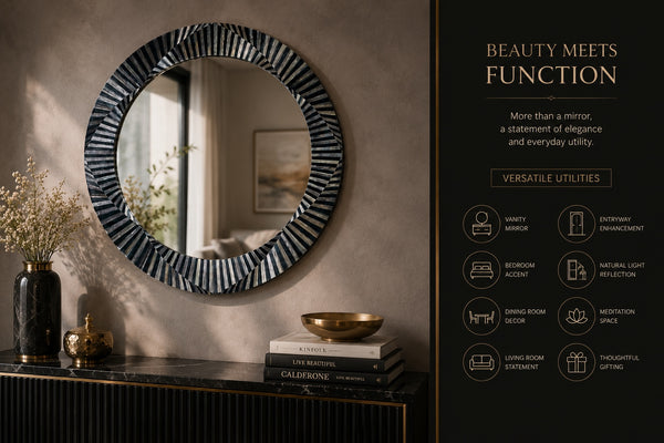Kra Design round inlay mirror with decorative frame featuring alternating dark and light segments, perfect for entryway or vanity.