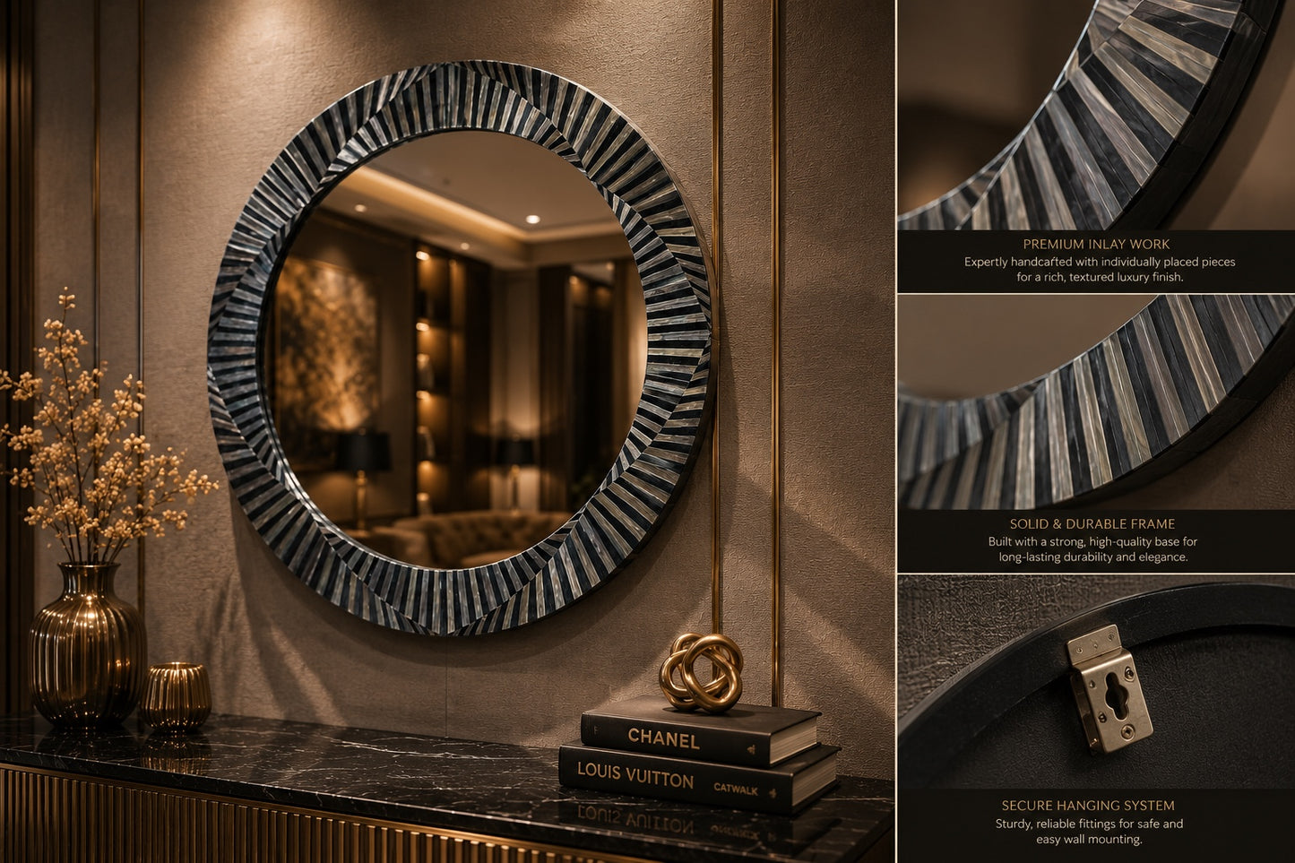 Kra Design round inlay mirror with decorative geometric frame in black and white, 30 inch diameter