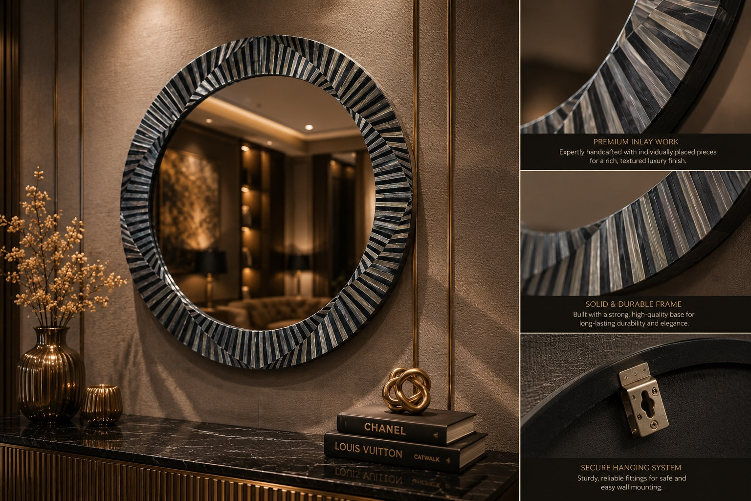 Kra Design round inlay mirror with decorative geometric frame in black and white, 30 inch diameter