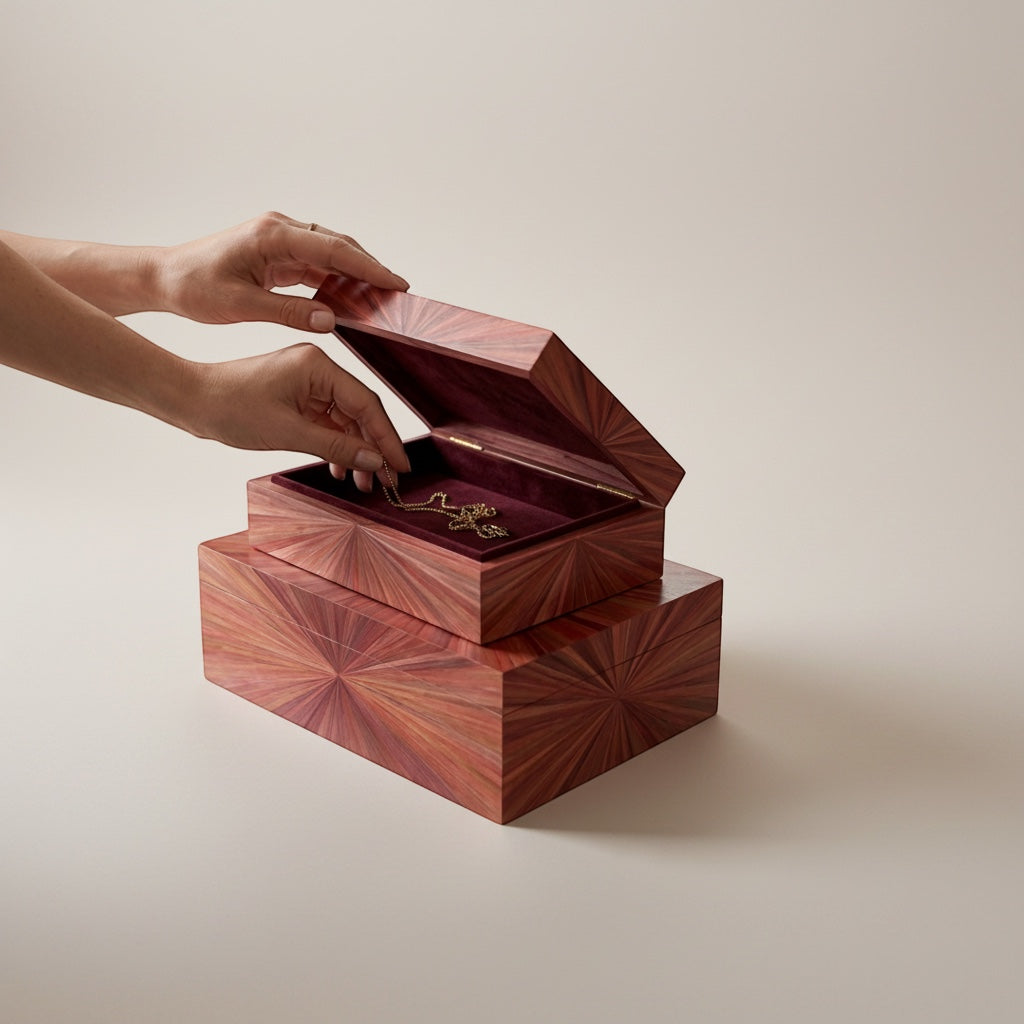 Kra Design luxury jewelry box with straw marquetry pattern and burgundy suede lining. Hands placing a gold necklace inside.