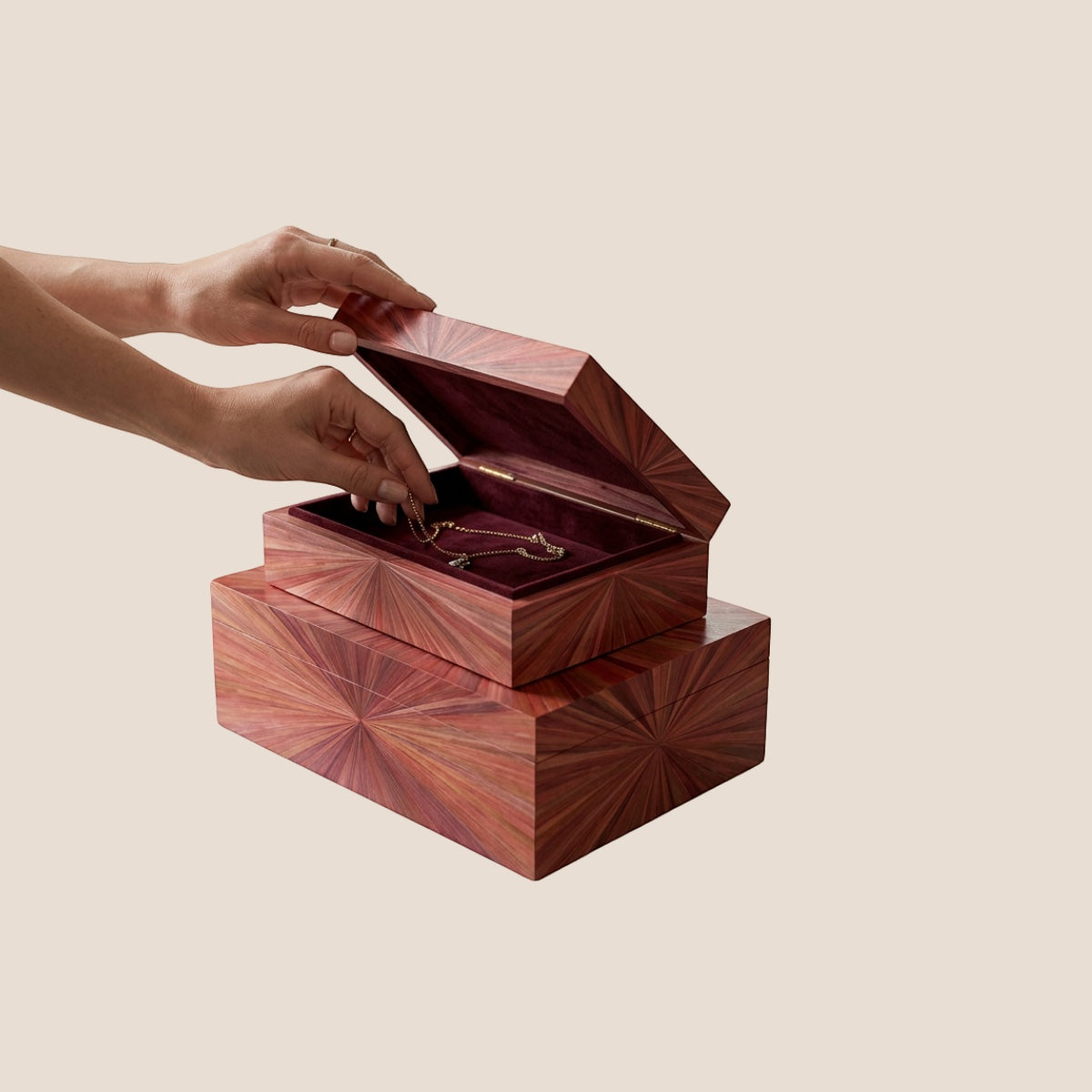 Kra Design luxury handcrafted straw marquetry jewelry box with ultra suede interior, red wood finish.